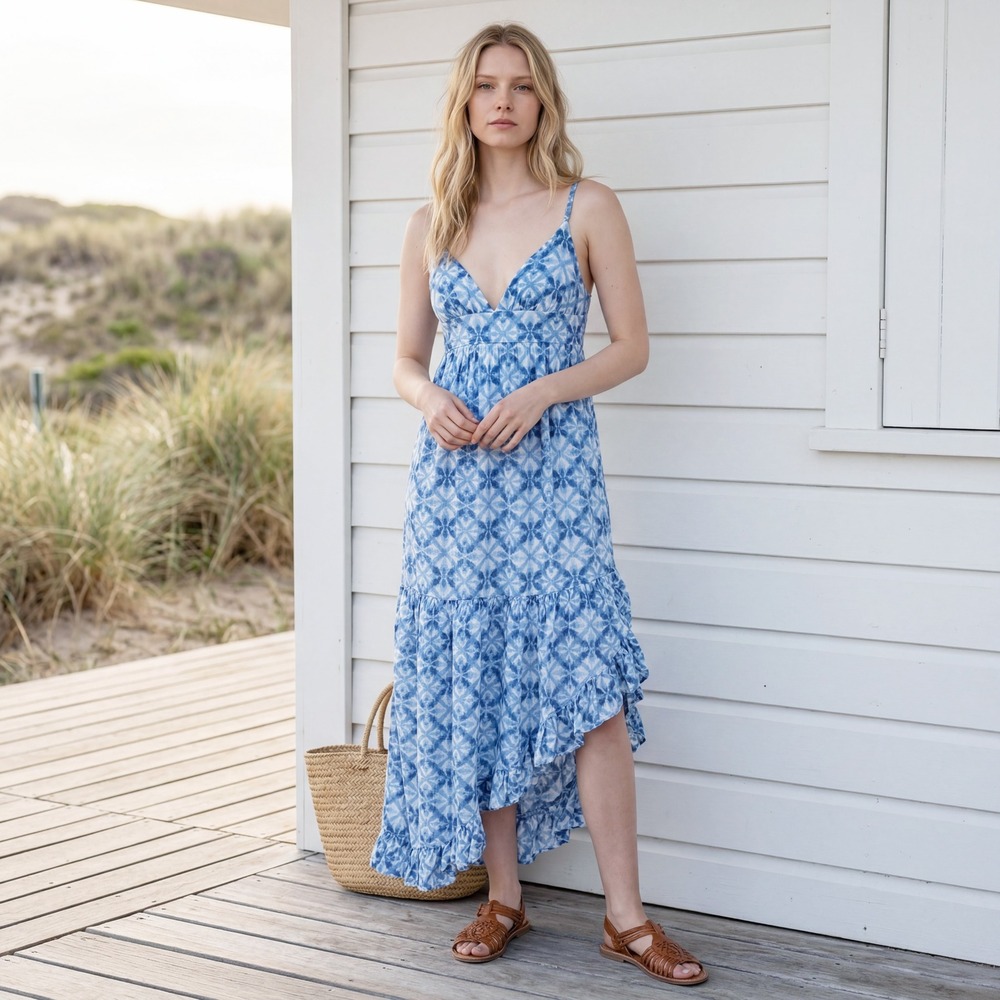 Arizona Co Blue ikat Tie Dye asymmetrical Maxi Dress S Boho Coastal Indie Rayon